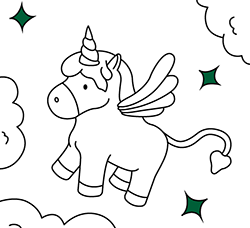 Ilustraciones online para pintar gratis para niños: Unicornio volando
