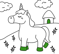 Dibujos online para niños pequeños: Unicornio en casa para pintar gratis