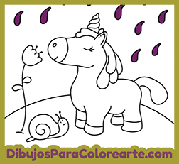 Dibujo infantil de Unicornio bajo la lluvia para colorear online y pintar gratis