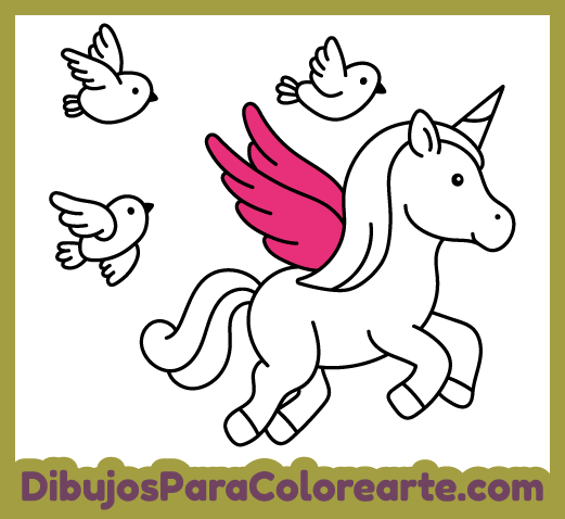 Dibujos de unicornios para colorear online y gratis para niños y niñas: Unicornio volando con pajaritos