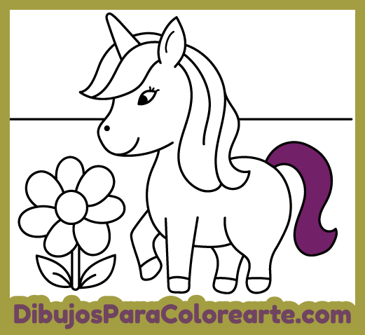 Dibujos para colorear online y gratis de unicornios para niños pequeños: Unicornio con su flor